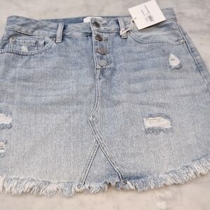 New JBD Button Fky Just Black Distressed Light Wash Denim Skirt 80s Vibes Frayed